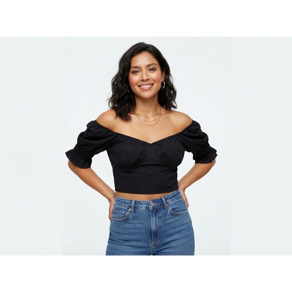 H&M Divided Crop Top Womens Medium Black Excellent Puff Sleeve Smocked Back